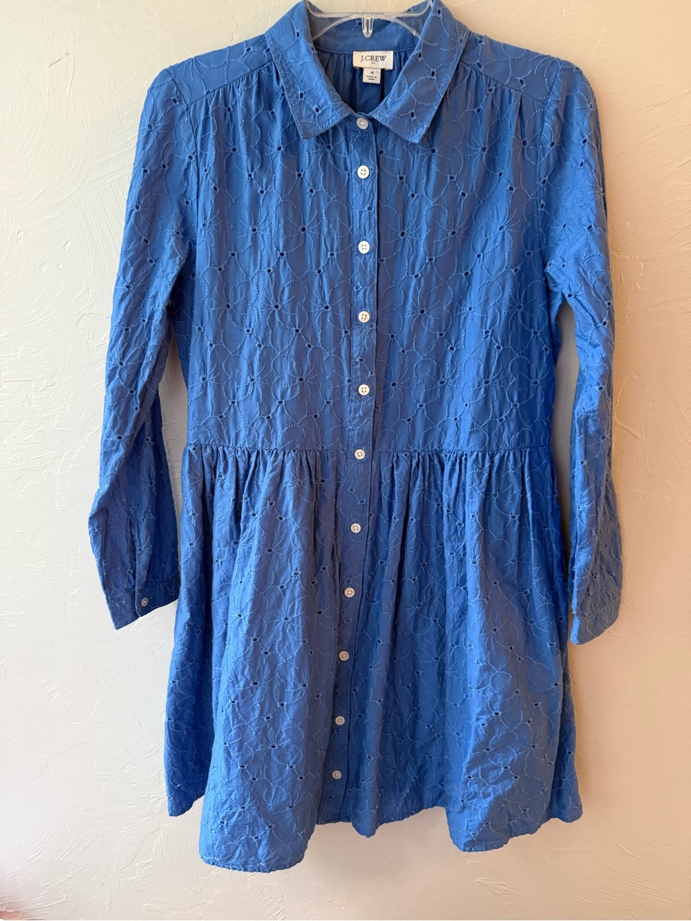 J.Crew Blue Embroidered Cotton Dress Women’s Size 4 Floral Long Sleeve
